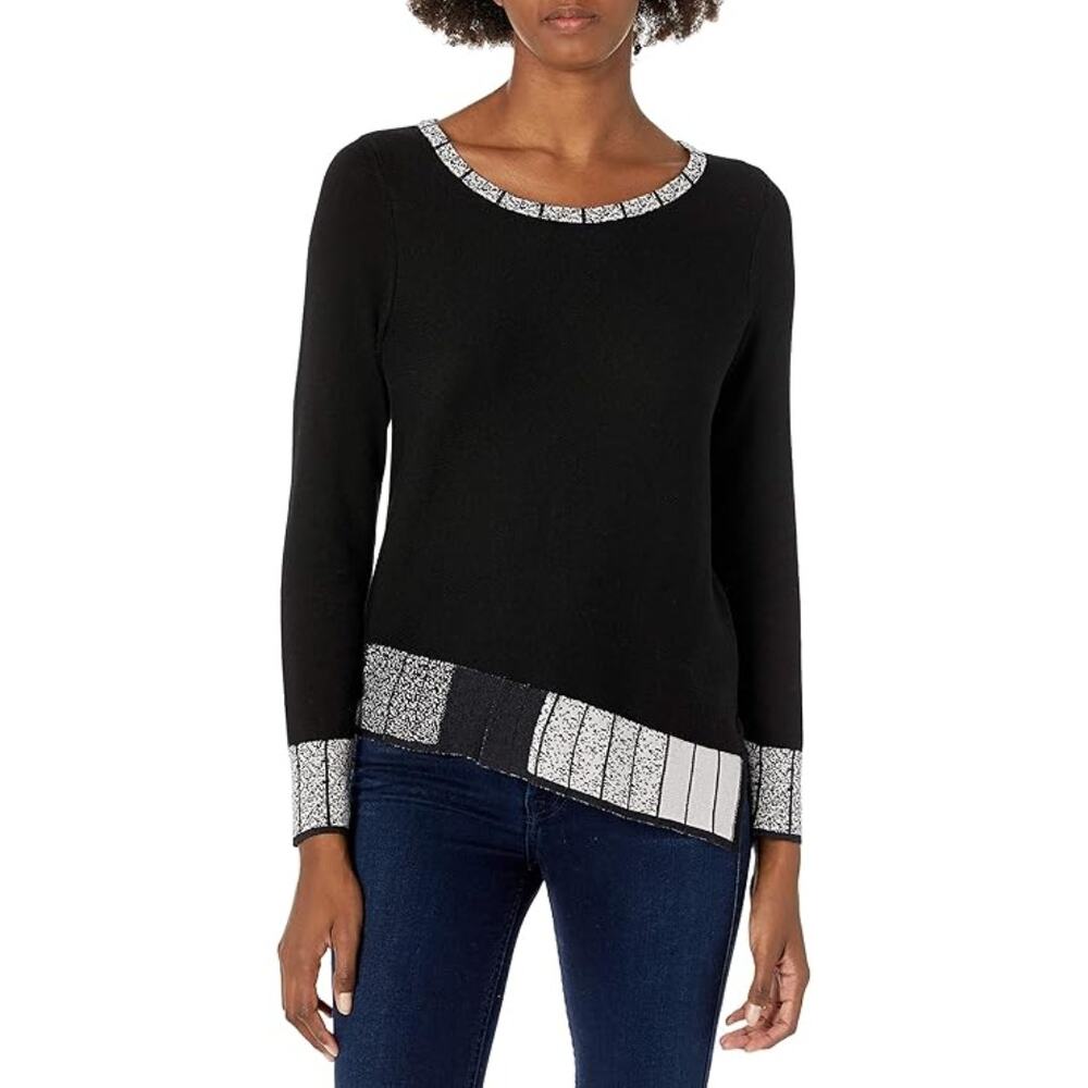 Nic+Zoe Stand Out Sweater Womens XL Black White Lightweight Asymmetrical Top
